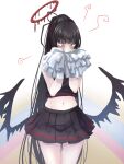  bags_under_eyes black_hair black_shirt black_wings blue_archive blush cheerleader covered_mouth cropped_shirt halo highres holding holding_pom_poms komena_(shinyday312) long_hair looking_down midriff miniskirt navel pale_skin pleated_skirt pom_pom_(cheerleading) red_eyes red_halo shirt skirt sleeveless sleeveless_shirt stomach tsurugi_(blue_archive) very_long_hair wings 