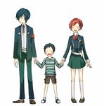  2boys blue_hair female_protagonist_(persona_3) hair_ornament hairclip holding_hands machiko_(umu) multiple_boys persona persona_3 persona_3_portable pharos red_hair ribbon school_uniform shorts smile yuuki_makoto 