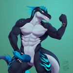  abs anthro belt biceps big_penis caindra claws crocodile crocodilian flexing grin horn hybrid invalid_tag lizard looking_at_viewer male markings muscular pecs penis pose reptile scalie simple_background smile solo spikes stripes teeth 