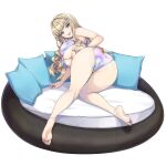  ass bare_legs bed bikini blonde_hair breasts cleavage dolphin_wave highres kirahoshi_kanna official_art on_bed ootomo_takuji sexually_suggestive swimsuit underboob 