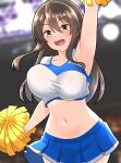  1girl :d arm_up armpits ashigara_(kancolle) blue_skirt blurry blurry_background blush bouncing_breasts breasts brown_eyes brown_hair cheerleader collarbone commentary_request crop_top fang furaggu_(frag_0416) hair_between_eyes highres holding holding_pom_poms kantai_collection long_hair medium_breasts navel open_mouth pleated_skirt pom_pom_(cheerleading) sidelocks skirt smile solo standing 