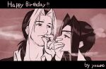  1boy 1girl brad_evans cigarette closed_mouth eyepatch facial_hair formal greyscale happy_birthday holding holding_cigarette kanon_(wild_arms_2) letterboxed long_hair monochrome protected_link sidelocks smoking stubble wild_arms wild_arms_2 yururi-ra 
