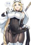  1girl black_bodysuit black_robe blonde_hair blue_eyes blush bodysuit braid breast_curtains breasts bridal_gauntlets character_request clothes_lift commentary cowboy_shot cross cross_necklace detached_sleeves drooling facial_mark forehead_mark garter_straps gloves goddess_of_victory:_nikke habit highres jewelry large_breasts long_braid long_hair mouth_drool necklace nose_blush nun open_mouth parted_bangs pelvic_curtain pelvic_curtain_lift rapunzel_(nikke) robe rosary sidelocks simple_background skindentation solo spoken_character staff standing sweat teeth thigh_gap thighhighs upper_teeth_only very_long_hair weapon weapon_on_back white_background white_gloves white_thighhighs wrist_cuffs yougenko 