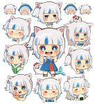  1girl :&gt; :&lt; :i :o :t =_= angry animal_ears animal_hood animal_on_head bare_arms belt blue_dress blue_eyes blue_hair blush book chibi closed_eyes closed_mouth cropped_torso crossed_arms cube_hair_ornament dress eating facing_ahead fins fish_tail food food_on_face furrowed_brow gawr_gura grey_hair hair_ornament hands_up happy highres holding holding_book holding_food holding_ice_cream hololive hololive_english hood hood_up humming ice_cream kemonomimi_mode long_hair looking_ahead looking_at_viewer multicolored_eyes multicolored_hair multiple_views music nanakoro0402 on_head onigiri open_book open_mouth own_hands_together pout reading rice rice_on_face shark shark_hood sharp_teeth shirt shoes short_sleeves side_ponytail sidelocks simple_background singing soft_serve standing streaked_hair t-shirt tail tearing_up teeth two_side_up virtual_youtuber white_background yellow_eyes yellow_footwear 