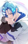  1boy blue_hair from_side green_eyes highres hk_(hk_0507) holostars holostars_english hood hoodie hugging_own_legs knees_up light_blush looking_to_the_side male_focus narrowed_eyes regis_altare short_hair sitting solo tongue tongue_out upper_body virtual_youtuber white_background white_hoodie 