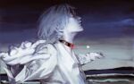 1boy ayez bleeding blood collared_shirt commentary english_commentary explosion facing_up grey_hair highres long_sleeves male_focus nagisa_kaworu neon_genesis_evangelion outstretched_arms profile rebuild_of_evangelion shirt short_hair sky solo spread_arms upper_body white_shirt 