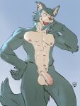 3:4 abs anthro athletic athletic_male balls beastars canid canine canis foreskin genitals hi_res humanoid_genitalia humanoid_penis legoshi_(beastars) lion21 low-angle_view male mammal nude penis simple_background solo unretracted_foreskin wolf