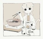  :3 animal_ear_fluff animal_ears black_eyes bowl can cat_ears cat_girl cat_tail chopsticks collarbone crab_leg dot_nose fish_(food) food greyscale highres holding holding_bowl holding_chopsticks hotpot monochrome mushroom new_amool original parted_bangs rice rice_bowl robe tail tail_wagging twintails white_hair white_robe 