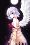  absurdres bad_id bad_pixiv_id bare_back bare_shoulders black_background bow braid cowboy_shot dress feathered_wings french_braid hair_between_eyes head_tilt highres jacket kishin_sagume light_particles long_sleeves moon off_shoulder purple_dress red_bow red_eyes sheya short_hair silver_hair simple_background single_wing solo standing strapless strapless_dress touhou white_wings wings yellow_jacket 