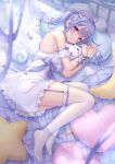  1girl absurdres armpits blurry blurry_foreground bokeh breasts candy commentary_request crescent_pillow depth_of_field dress fetal_position food from_above garter_straps heart heart-shaped_pillow highres indie_virtual_youtuber lens_flare light_particles light_rays looking_at_viewer lying medium_breasts on_bed pillow purple_eyes purple_hair shadow shiny_clothes shiny_skin sleeveless sleeveless_dress solo stuffed_toy sunlight thighhighs twintails virtual_youtuber white_dress white_thighhighs yume_kawaii yunico_(vtuber) yuyuko_(yuyucocco) 
