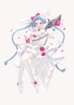  bird blue_hair bow braid dove dress flower full_body gun hair_bow high_heels highres holding holding_gun holding_weapon jinx_(league_of_legends) league_of_legends long_hair meowlian petals rose shell_casing weapon white_dress 