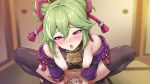  1boy 1girl bare_shoulders black_thighhighs blurry blurry_background blush breasts censored clothing_aside cowgirl_position cum cum_in_pussy cum_overflow female_pubic_hair genshin_impact green_hair hair_between_eyes hair_ribbon half-closed_eyes hetero highres indoors jacket kuki_shinobu looking_at_viewer medium_breasts mosaic_censoring nipples off_shoulder penis pineapp_panda ponytail pubic_hair purple_eyes purple_jacket ribbon sex squatting_cowgirl_position straddling sweat thighhighs vaginal 