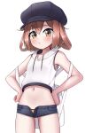  1girl alternate_costume backpack bag black_headwear black_shorts brown_eyes brown_hair cabbie_hat cutoffs denim denim_shorts hands_on_own_hips hat highres hooded_shirt ikazuchi_(kancolle) kantai_collection midriff navel open_fly shirt short_hair short_shorts shorts simple_background sleeveless sleeveless_shirt solo tiemu_(man190) white_background 