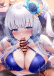  1boy 1girl azur_lane bar_censor bare_shoulders blue_eyes blue_gloves blush censored commentary_request fellatio gloves hair_ornament illustrious_(azur_lane) illustrious_(never-ending_tea_party)_(azur_lane) licking licking_penis long_hair looking_at_viewer mole mole_under_eye navel oral paizuri penis pontaro18 smile solo_focus tongue tongue_out white_hair 