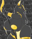 amad_no_moto ankh anthro anubian_jackal anubis big_breasts black_body black_hair breasts canid canine canis clothed clothing deity egyptian_mythology female fingers hair hi_res hieroglyphics huge_breasts jackal long_hair mammal middle_eastern_mythology mouthless mythology pasties portrait skimpy solo staff standing thick_thighs three-quarter_portrait