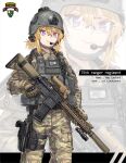  1girl american_flag assault_rifle beretta_92 black_headwear brown_gloves camouflage camouflage_jacket camouflage_pants chest_rig combat_helmet gloves green_jacket green_pants gun handgun helmet holster jacket kws m4_carbine military_uniform original pants rifle scope smile solo suppressor thigh_holster trigger_discipline uniform unit_patch united_states_army united_states_army_rangers weapon white_background woodland_camouflage zoom_layer 