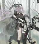  1girl absurdres arknights asymmetrical_legwear bare_shoulders black_hairband bow_(weapon) breasts closed_mouth commentary_request compound_bow day feet_out_of_frame hairband highres holding holding_bow_(weapon) holding_weapon horn_hairband horns long_hair outdoors purple_hair red_eyes solo standing typhon_(arknights) very_long_hair weapon yaruyan 