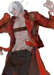  1boy belt black_gloves blue_eyes chaloobie coat dante_(devil_may_cry) devil_may_cry_(series) devil_may_cry_3 fingerless_gloves gloves holding long_sleeves looking_at_viewer male_focus red_coat simple_background smile solo white_hair 