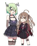  2girls :d :q aged_down ahoge antlers belt black_dress black_skirt black_sweater brown_eyes brown_hair ceres_fauna ceres_fauna_(4th_costume) choker crinoline dress emo_fashion fishnets flower giao2_ng goth_fashion green_hair hair_flower hair_ornament hair_over_one_eye harness hashtag_only_commentary heart heart_choker heart_o-ring highres hololive hololive_english horn_ornament horn_ribbon horns huge_ahoge lace-trimmed_choker lace_trim legwear_garter looking_at_another multicolored_hair multiple_girls nanashi_mumei nanashi_mumei_(4th_costume) nightmare_(nanashi_mumei) o-ring o-ring_choker o-ring_harness o-ring_thigh_strap official_alternate_costume official_alternate_hairstyle plaid plaid_skirt pleated_skirt red_skirt red_sweater ribbon see-through_dress_layer shirt_tucked_in short_hair single_legwear_garter skirt smile streaked_hair striped_clothes striped_sweater sweater sweater_under_shirt thigh_strap thighhighs tongue tongue_out torn_clothes torn_sweater tree_horns two-tone_sweater virtual_youtuber yellow_eyes 