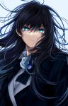  1girl absurdres ado_(utaite) black_bow black_bowtie black_coat black_hair blue_background blue_eyes blue_flower blue_hair blue_rose bow bowtie chando_(ado) closed_mouth cloud_nine_inc coat collared_shirt commentary dress_shirt floating_hair flower flower_brooch hair_between_eyes highres long_hair looking_at_viewer mole mole_under_eye multicolored_hair rain_(rain910) rose shadow shirt simple_background solo streaked_hair utaite white_shirt 