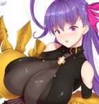  band-width bare_shoulders belt_collar bodysuit bow breasts claws cleavage fate/extra fate/extra_ccc fate/grand_order fate_(series) gigantic_breasts hair_bow hair_ribbon highres long_hair looking_at_viewer parted_lips passion_lip pink_eyes purple_hair ribbon simple_background solo very_long_hair white_background 
