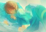 1other absurdres androgynous asriel_dreemurr blanket blue_jacket blue_theme brown_hair chara_(undertale) child chinese_commentary closed_eyes collared_shirt covering_with_blanket facing_viewer feet_out_of_frame folder from_side highres holding holding_folder holding_paper jacket lazy_kun long_sleeves lying off_shoulder on_side other_focus out_of_frame paper pillow shirt short_hair sleeping solo_focus undertale white_shirt 
