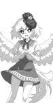  1girl animal_on_head bird bird_on_head bird_wings bright_pupils dress feathered_wings highres looking_at_viewer monochrome multicolored_hair niwatari_kutaka on_head onkn_sxkn open_mouth puffy_short_sleeves puffy_sleeves short_hair short_sleeves simple_background solo teeth touhou two-tone_hair upper_teeth_only white_background white_pupils wings 