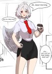  1girl :d collared_shirt commentary cup english_commentary english_text grey_hair holding holding_cup kishin_sagume long_sleeves looking_at_viewer necktie open_mouth red_eyes red_necktie sapiens shirt short_hair single_wing smile solo speech_bubble touhou white_shirt wings 