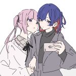  2girls atenaba black_ribbon black_sweater blue_eyes blue_hair cellphone collared_shirt colored_inner_hair commentary grey_jacket grey_shirt hair_ribbon hashtag_only_commentary highres holding holding_phone jacket kaf_(kamitsubaki_studio) kamitsubaki_studio locked_arms long_hair long_sleeves multicolored_hair multiple_girls neck_ribbon one_side_up parted_lips phone pink_hair red_hair ribbon rim_(kamitsubaki_studio) shirt simple_background smartphone smile sweater turtleneck twintails white_background white_sweater yellow_pupils yuri 