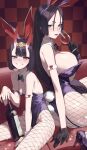  2girls absurdres animal_ears black_bow black_bowtie bob_cut bow bowtie breasts chorogon covered_navel cup detached_collar drinking_glass eyeliner fake_animal_ears fate/grand_order fate_(series) headpiece highleg highleg_leotard highres holding holding_cup horns large_breasts leotard long_hair looking_at_viewer low-tied_long_hair makeup minamoto_no_raikou_(fate) multiple_girls oni parted_bangs playboy_bunny purple_eyes purple_hair purple_leotard rabbit_ears rabbit_tail short_eyebrows short_hair shuten_douji_(fate) sitting skin-covered_horns small_breasts smile strapless strapless_leotard tail traditional_bowtie very_long_hair wine_glass 
