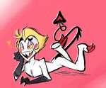 absurd_res angel bodily_fluids demon drooling fangs hazbin_hotel hi_res hooves humanoid kinxybunny lucifer_(hazbin_hotel) male nude raised_tail saliva smile solo spade_tail suggestive tail teeth