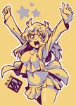  arms_up babydoll_t-shirt blush_stickers breasts cleavage commentary cowboy_shot dated jacket long_hair long_sleeves lowres midriff monochrome navel open_mouth original outline pleated_skirt poch4n skirt star yellow yellow_background 