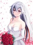  1girl arlecchino_(genshin_impact) bare_shoulders black_hair bouquet breasts bridal_veil cleavage collarbone commentary_request dress earrings elbow_gloves flower genshin_impact gloves grey_hair hair_between_eyes highres jewelry large_breasts multicolored_hair petals red_flower red_rose rose rose_petals solo strapless strapless_dress streaked_hair upper_body veil white_background white_dress white_gloves xaphixu 
