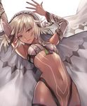  altera_(fate) armpits arms_up bangs bare_shoulders bikini_top black_legwear black_nails blonde_hair blunt_bangs breasts closed_mouth collar commentary_request cowboy_shot dark_skin detached_sleeves expressionless fate/grand_order fate_(series) fingernails full_body_tattoo head_tilt lips long_fingernails long_sleeves nail_polish navel nij_24 red_eyes short_hair simple_background small_breasts solo standing stomach tattoo thighhighs veil white_background 