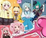  6+girls artist_name bang_dream! blonde_hair blue_background blue_eyes bow brass_knuckles cosplay costume_switch crossover crystal_sword electric_guitar false_smile green_eyes green_hair guitar hair_bow hanabishi_haruka hat highres hikawa_hina hikawa_hina_(cosplay) holding holding_staff instrument jacket light_blush long_hair look-alike magia_azul magia_azul_(cosplay) magia_magenta magia_magenta_(cosplay) magia_sulphur magia_sulphur_(cosplay) magical_girl mahou_shoujo_ni_akogarete maruyama_aya maruyama_aya_(cosplay) minakami_sayo mini_hat multiple_girls omochi_inu_nekobako pink_background pink_hair purple_eyes red_eyes shaded_face shirasagi_chisato shirasagi_chisato_(cosplay) simple_background smile sparkle staff sword tenkawa_kaoruko twintails weapon yellow_background 