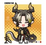  1boy :d arknights black_gloves black_jacket black_shirt blush blush_stickers brown_hair character_name chong_yue_(arknights) closed_eyes color_guide commentary_request crossed_arms dog-san dragon_boy dragon_horns dragon_tail facing_viewer forehead full_body gloves halftone halftone_background highres horns jacket male_focus multicolored_hair pants parted_bangs pointy_ears shirt shoes signature smile solo standing tail two-tone_hair v-shaped_eyebrows watermark white_footwear white_pants 