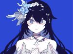 1girl bare_shoulders black_hair blue_background blue_eyes blue_flower blue_hair commentary_request dduehddueh dress eyebrows_hidden_by_hair flower grey_dress hair_between_eyes hair_flower hair_ornament hands_up honkai_(series) honkai_impact_3rd korean_commentary long_hair looking_at_viewer multicolored_hair own_hands_together parted_lips seele_vollerei solo strapless strapless_dress two-tone_hair upper_body 