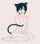  1boy animal_ears arms_between_legs black_hair black_tail cat_boy cat_ears cat_tail collarbone completely_nude english_commentary fangs full_body hair_between_eyes highres itumonoa male_focus messy_hair no_nipples nude on_floor open_mouth orange_eyes original seiza short_hair sitting solo tail wariza white_background 