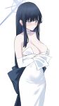  1girl absurdres bare_shoulders blue_archive blue_hair blunt_bangs blush breasts choker cleavage commentary_request dress elbow_gloves gloves grey_eyes highres large_breasts long_hair okuma707 saori_(blue_archive) simple_background solo strapless strapless_dress very_long_hair white_background white_choker white_dress white_gloves 