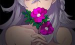  black_background braid close-up collarbone covered_mouth fate/grand_order fate_(series) flower head_out_of_frame hita_(hitapita) holding holding_flower long_hair nude olga_marie_animusphere pink_flower portrait silver_hair simple_background solo 