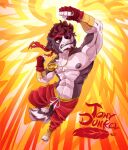 accessory anthro barefoot beard bright_background brown_eyes brown_hair canid canine canis chest_tuft clothed clothing domestic_dog facial_hair feet fighting_pose hair headband hi_res looking_up male mammal medal nipples pose solo tonydunkel topless tuft