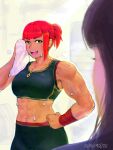  2girls abs aged_down biceps crop_top green_eyes hand_towel highres jewelry looking_back marisa_(street_fighter) mole mole_under_eye multiple_girls muscular muscular_female navel necklace open_mouth ponytail quasimodox red_hair short_ponytail sleeveless smile solo_focus sports_bra stomach street_fighter street_fighter_6 sweat towel wiping_face wrist_wrap 