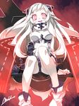  airfield_hime ankle_boots arm_support boots breasts commentary_request glowing glowing_eyes hair_ornament kantai_collection long_hair looking_at_viewer medium_breasts mtu_(orewamuzituda) open_mouth red_eyes round_teeth shinkaisei-kan sitting solo teeth upper_teeth white_footwear white_hair 