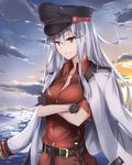  belt black_gloves collarbone crossed_arms gangut_(kantai_collection) gloves hair_between_eyes hat highres jacket jacket_on_shoulders kantai_collection long_hair long_sleeves ocean peaked_cap red_eyes red_shirt remodel_(kantai_collection) scar shirt short_sleeves silver_hair smile solo tokorotn white_jacket 