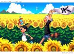  1boy 1girl ^_^ animal_ears animal_nose arm_up arms_up black_eyes black_hair black_shirt blue_sky blush_stickers bug cape child closed_eyes cloud cloudy_sky copyright_name crossover denim denim_shorts dragonfly field flower flower_field from_side hashtag highres holding holding_cape holding_clothes holding_water_gun horizon leaf leaf_on_head letterboxed mode_aim natsumon! open_mouth outdoors ponpoko_(vtuber) raccoon_ears raccoon_girl raccoon_tail running satoru_(natsumon!) shirt short_hair short_shorts short_sleeves shorts sky sleeveless sleeveless_shirt smile sunflower sunflower_field t-shirt tail tan tanlines timestamp topknot utochan_(uptkop) virtual_youtuber water_gun white_shirt 