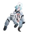  1girl absurdres alternate_costume animal_ears aqua_hair blue_archive blue_eyes breasts flippy_(cripine111) halo highres jacket long_sleeves looking_at_viewer open_mouth pants puffy_long_sleeves puffy_sleeves shigure_(blue_archive) short_hair simple_background smile solo underboob weasel_ears weasel_girl white_background white_jacket white_pants 