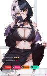  1girl bare_shoulders black_bra black_choker black_gloves black_hair black_nails black_panties black_skirt bra breasts cellphone chest_belt choker cleavage clothes_lift commentary doujenrad emoji english_commentary english_text fur_trim glasses gloves grey_hair hair_ornament highres holding holding_phone hololive hololive_english lace-trimmed_bra lace_trim large_breasts lifted_by_self livestream looking_at_viewer multicolored_hair navel nerissa_ravencroft panties phone pleated_skirt removing_jacket selfie shiori_novella side-tie_panties skirt skirt_lift smartphone smile solo split-color_hair striped_clothes striped_gloves super_chat two-tone_hair underwear user_interface virtual_youtuber white_background yagoo yellow_eyes 