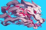  animal_focus blood blood_on_face blood_on_mouth blue_background chun_lo colored_tongue cropped_head disembodied_head facial_mark fangs fox from_side monster no_humans open_mouth original purple_tongue red_eyes sharp_teeth snout teeth white_fur 