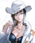  1girl 2_blankk black_hair black_shirt blue_eyes blunt_bangs coat cowboy_hat cross-laced_clothes cross-laced_top english_commentary fur_collar hat highres looking_to_the_side medium_hair nico_robin one_piece shirt simple_background smile solo upper_body white_background white_coat 