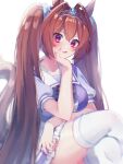  1girl animal_ears brown_hair crossed_legs daiwa_scarlet_(umamusume) fang feet_out_of_frame hair_intakes hand_on_own_chin head_rest highres horse_ears horse_girl horse_tail long_hair looking_at_viewer maigo_(user_xkwr8585) open_mouth red_eyes school_uniform sitting skin_fang solo tail thighhighs tiara tracen_school_uniform twintails umamusume very_long_hair white_thighhighs zettai_ryouiki 